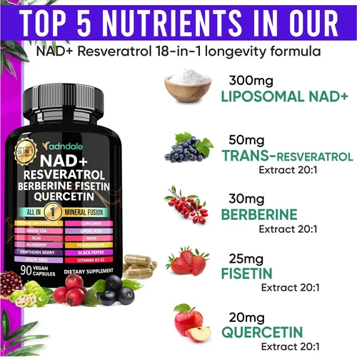 Miniatura 2 de Adndale Suplemento liposomal de NAD. Fórmula de longevidad alternativa al suplemento NMN. Resveratrol avanzado de 180CT NAD+