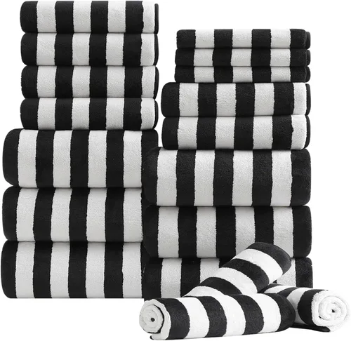 Juego de 18 toallas de baño de rayas color blanco y negro con lazo para colgar, 6 toallas de baño, 6 toallas de mano, 6 toallas familiares, juego de
