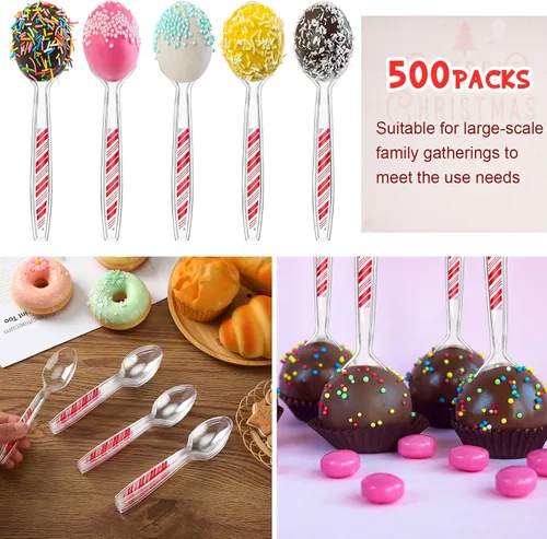 Miniatura 5 de Paquete de 100 cucharas desechables de plástico transparente de Navidad con patrón de rayas rojas, utensilios transparentes para tartas