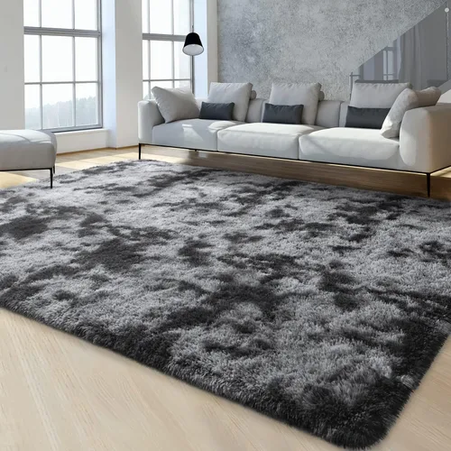 Miniatura 8 de FlyDOIT Alfombras Grandes para Sala de Estar, 5x8 Pies Alfombra Shaggy Teñida con Tie-Dye Gris Oscuro, Alfombras Mullidas Tipo Manta, Alfombras
