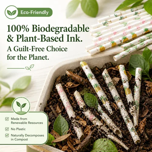 Miniatura 7 de ALINK Paquete de 100 pajitas de papel tropicales – Pajitas biodegradables de 7.75 pulgadas para fiesta de Hawaii con diseños de flamenco, piña