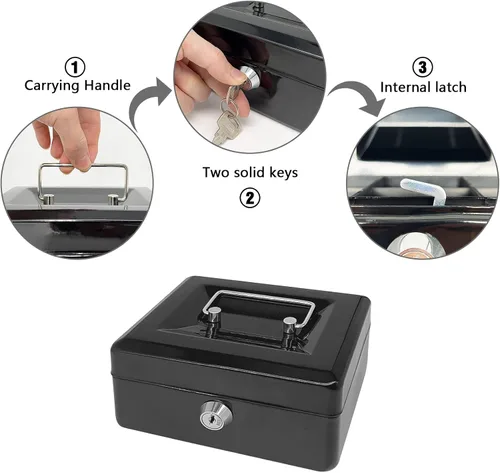 Miniatura 5 de Caja de efectivo de acero con cerradura de llave, organizador de dinero pequeño de metal con bandeja para dinero, caja de almacenamiento de efectivo