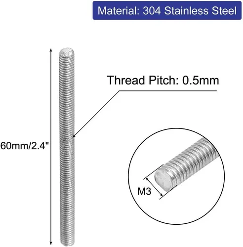 Miniatura 2 de uxcell M3 x 2.362 in 0.020 in Pitch 304 Varillas totalmente roscadas de acero inoxidable barra 10 piezas