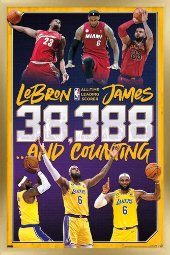 Miniatura 15 de NBA League - Póster de pared de LeBron James All-Time Scoring Leader, 22.4 pulgadas de largo x 14.7 pulgadas de ancho, versión enmarcada plateada