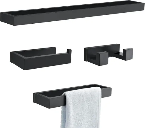 Juego de Barras Portatoallas Negras, Juego de Accesorios de Baño de 4 Piezas, Juego Moderno de Portatoallas de Baño SUS304 Acero Inoxidable Montado