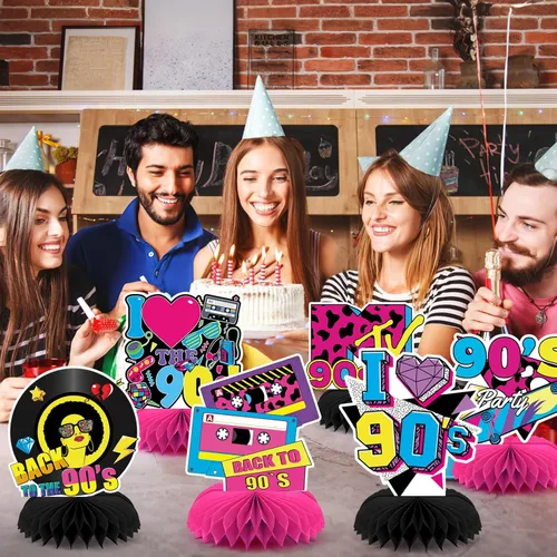 Miniatura 6 de 10 Piezas Decoraciones de Fiesta de los Años 90, Centros de Mesa de Panal Retro de los Años 90 Regreso a los 90 Centros de Mesa de Fiesta