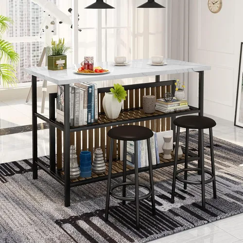 Miniatura 5 de AWQM Isla de cocina con asiento y estante de almacenamiento, mesa de isla de mármol sintético para cocina, mesa de bar moderna y sillas para 2
