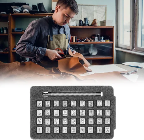 Miniatura 8 de QWORK Juego de sellos de cuero para trabajo de cuero, kit completo de 37 piezas con números, letras y mango de acero, tamaño de 1/4 pulgadas
