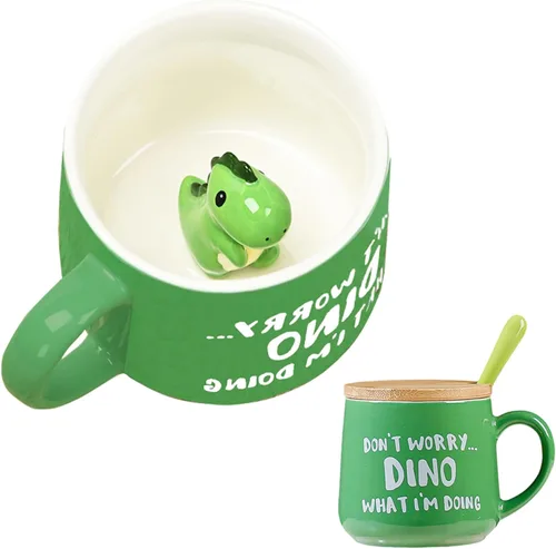 BigNoseDeer Taza Bonita de Dinosaurio Taza de Café de Cerámica con Dinosaurio de Dibujos Animados 3D en el Interior, Tazas Divertidas con Tapa y