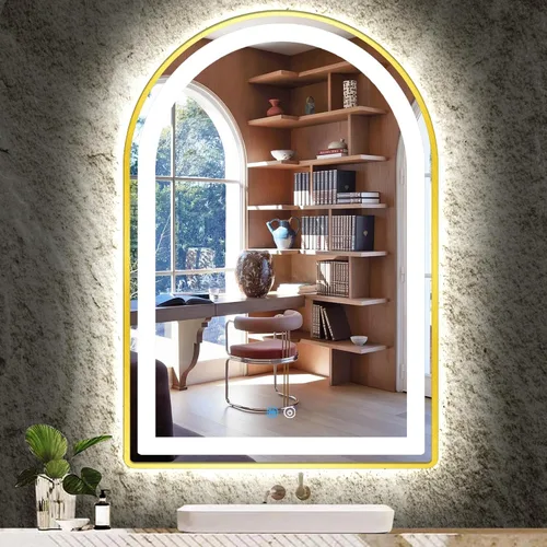 Miniatura 8 de Espejo LED de arco dorado de 16 x 24 pulgadas para baño, pared, maquillaje, mesa, escritorio, espejo de tocador dorado con luces, memoria