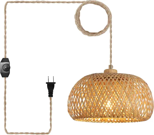 Miniatura 10 de Lámpara Colgante Grande de Bambú de 17.8 Pulgadas de Una Luz Ajustable, Cesta Rústica Hecha a Mano Tejida, Iluminación Colgante para Isla de Cocina
