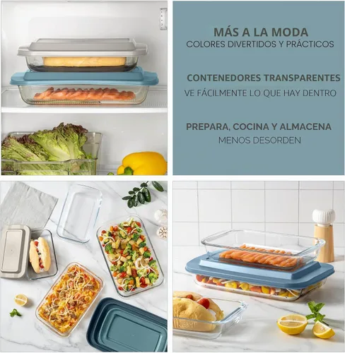 Miniatura 7 de COOK WITH COLOR - Juego de 8 piezas de refractarios profundos de vidrio con tapas de plástico, para hornear y almacenar alimentos, aptos para Azul