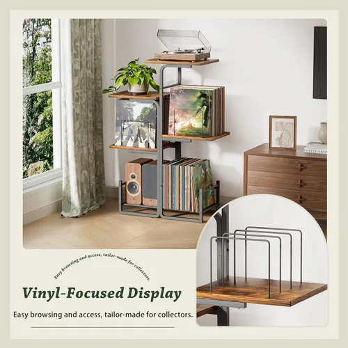 Miniatura 5 de Bikoney - Soporte para tocadiscos inspirado en jardineras con gran almacenamiento de vinilo, mesa de tocadiscos vintage con estante para LP