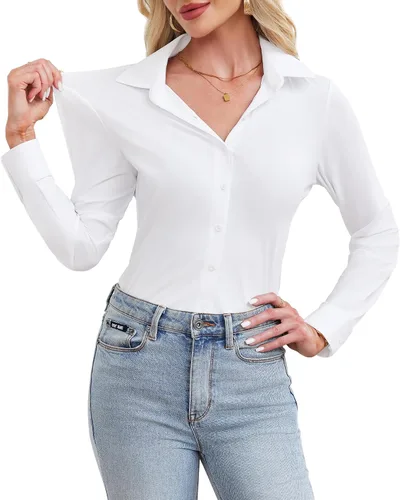 Miniatura 14 de siliteelon Camisa de manga larga con botones para mujer, estilo casual, para el trabajo, con elástico en 4 direcciones, sin arrugas