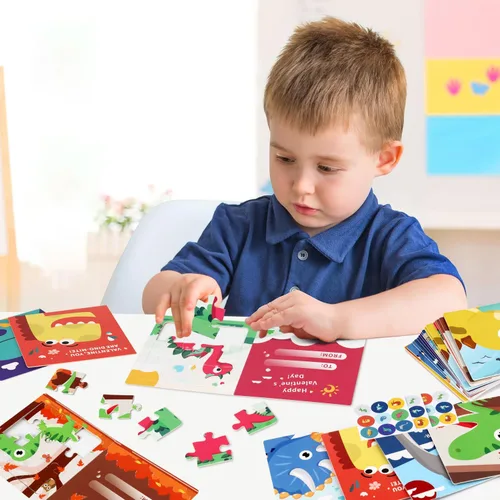 Miniatura 5 de Rompecabezas del día de San Valentín para niños, paquete de 27 tarjetas de rompecabezas de dinosaurio con sobres y calcomanías a granel