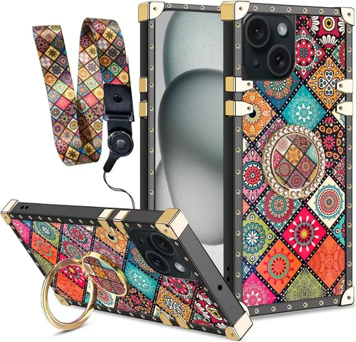 Miniatura 11 de nancheng Funda para iPhone 15, diseño de flor de mariposa azul, TPU suave, a prueba de golpes, con soporte de anillo y cordón a juego, elegante