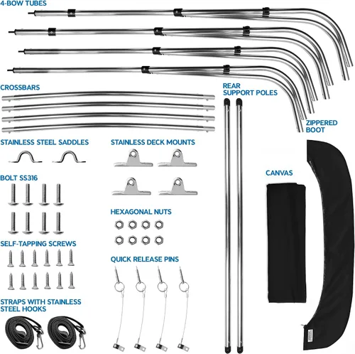 Miniatura 6 de Bimini Tops de 4 lazos para barcos, a prueba de decoloración, postes de soporte, botas de almacenamiento, lona marina 900D, toldo para barco, Negro