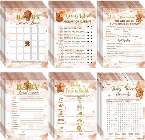 Sherr 320 juegos de baby shower de oso marrón: 6 juegos, 50 hojas cada uno, 20 lápices, incluye descripciones, deseos, adivina quién, bingo,