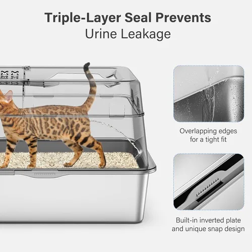 Miniatura 3 de Aphyxen Caja de arena de acero inoxidable con tapa, caja de arena para gatos extra grande cerrada para todos los gatos, diseño modular con tapa