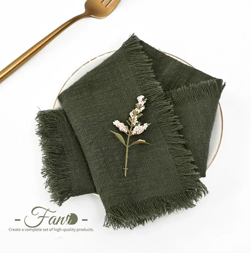Miniatura 3 de Paquete de 60 servilletas de tela hechas a mano con flecos, servilletas de lino de algodón verde oliva, servilletas de cena de algodón rústico suave