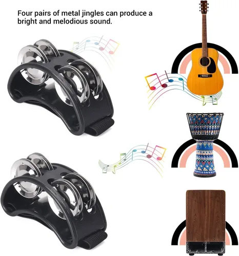 Miniatura 3 de VILIHKC 2 piezas de percusión de pandereta de pie, pedal de percusión de instrumentos musicales con cascabeles de acero para tocar batería