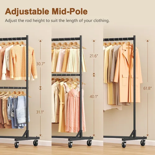 Miniatura 7 de Hoctieon Estante de doble barra Z, estantes de ropa rodantes con base en Z, perchero ajustable para ropa, perchero de pie para ropa de pie, perchero