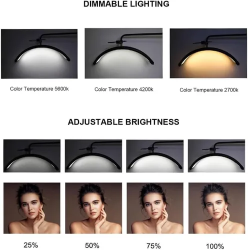 Miniatura 4 de Lámpara LED regulable para pestañas de pie, luz de tatuaje ajustable con tonos cálidos y fríos, lámpara de media luna con diseño de halo giratorio