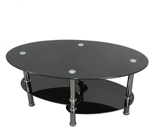 Miniatura 4 de Mesa de centro de cristal de 2 niveles, mesa de centro de vidrio templado, mesa central moderna rectangular mesa de té ovalada de vidrio con estante
