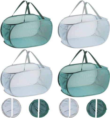 Miniatura 9 de 2 cestas de malla para la ropa sucia, canastas plegables para la ropa sucia, 75 litros, cesta de almacenamiento horizontal con bolsillo lateral y 1