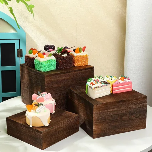 Miniatura 3 de Barydat 3 soportes de madera para tartas rústicas, apilables, cuadrados, para cupcakes, base para mesa de bufé, postre, comida, cumpleaños, boda