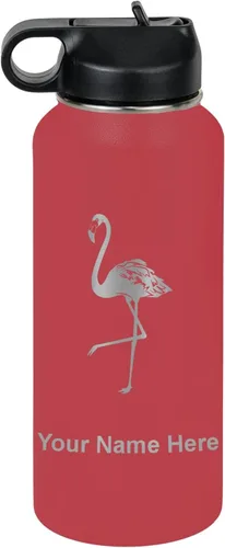 Miniatura 35 de LaserGram Botella de agua personalizada, flamenco, acero inoxidable de doble pared aislada al vacío con popote superior, regalo grabado