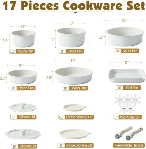 Miniatura 2 de SENSARTE Juego de ollas y sartenes de 17 piezas, antiadherentes con mango desmontable, juego de utensilios de cocina de inducción con mango Blanco