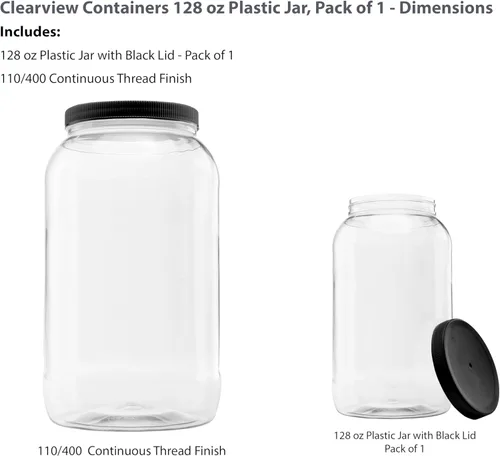 Miniatura 2 de Tarro de plástico de galón de 128 onzas con tapa de sellado a prueba de fugas negra 110/400 - Grado alimentario y libre de BPA (128oz, 1pk, BLK)