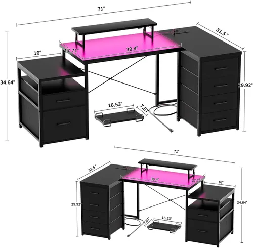 Miniatura 3 de Unikito Escritorio reversible en forma de L para computadora con cajones de tela, escritorio esquinero de oficina grande de 70.8 pulgadas con luces