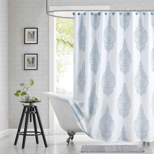 Miniatura 17 de Cortina de ducha larga de tela, cortinas de ducha de damasco bohemio con estampado de paisley en vino burdeos y oro amarillo, cortinas impermeables