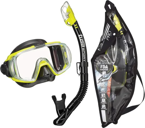 TUSA Sport Combo de máscara Visio Tri-Ex Black Series y esnórquel seco para adultos Negro/Amarillo (con bolsa reutilizable)