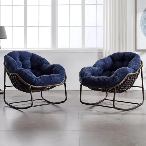 Miniatura 13 de HOMEFUN Juego de 2 mecedoras para patio al aire libre, sillas Papasan Rock de gran tamaño para interiores con cojín acolchado, asiento de huevo