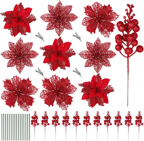 RECUTMS 66 piezas 3 estilos de adornos rojos de Navidad, flores de Pascua brillantes de Poinsettia artificiales, adornos de árbol de Navidad, flores