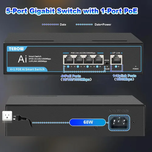 Miniatura 2 de Switch PoE Gigabit 4 puertos con 1 puerto 1000 Mbps Uplink, TEROW, 65W, alimentación incorporada, cumple con la actualización 802.3af/at Vlan