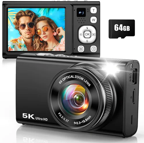 Cámara digital 5K 96MP para fotografía con zoom óptico 6X, cámara de enfoque automático mejorada 2026 para YouTube con doble lente, tarjeta de 64
