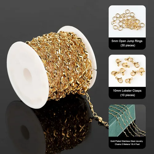 Miniatura 2 de UMAOKANG Cadenas chapadas en oro para hacer joyas, cadena de cable de acero inoxidable de 16.4 ft a granel con anillos de salto y cierres de Oro S