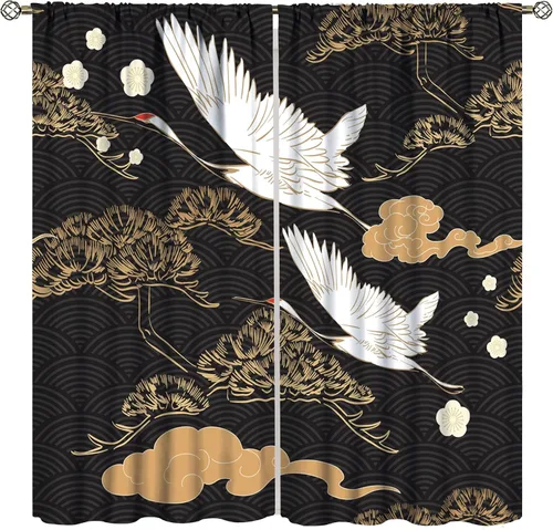 Miniatura 9 de Cortinas de estilo japonés, flor de cerezo, grúa de amanecer, estilo asiático, cortinas opacas para dormitorio, sala de estar, juego de 2 paneles