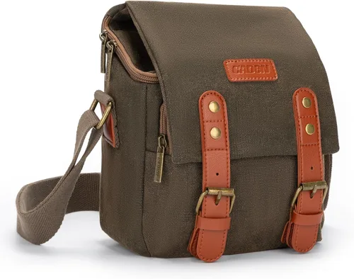 CADeN - Bolso para cámara compacto de cuero con ribete de tela de lona, compatible con Nikon, Canon, Sony, cámara sin espejo y lentes, resistente al