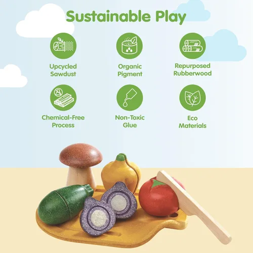 Miniatura 3 de PlanToys Juego de verduras surtidas de madera Montessori Play Food para niños pequeños Incluye tomate, champiñón, chalota, pimiento morrón y Set
