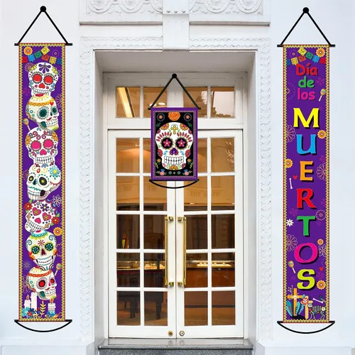 Juego de 3 pancartas de decoración del Día de los Muertos para fiesta mexicana, decoración del Día de los Muertos, letrero de porche, bandera