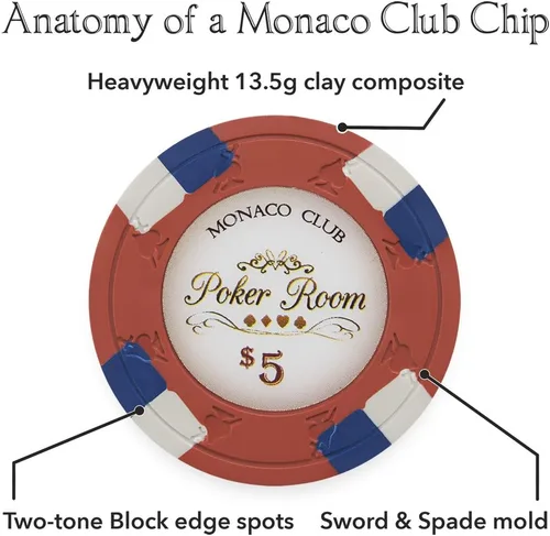 Miniatura 4 de Claysmith Gaming Paquete de 50 fichas de póquer Monaco Club, compuesto de arcilla pesada de 0.48 oz Rojo ($5 Red)