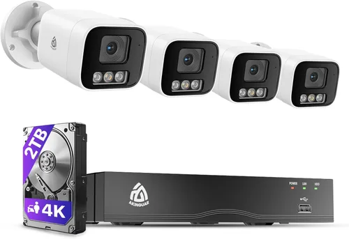 Sistema de cámara de seguridad 4K 8CH PoE NVR, 4 cámaras IP con cable para interiores y exteriores, detección de personas/vehículos, visión nocturna