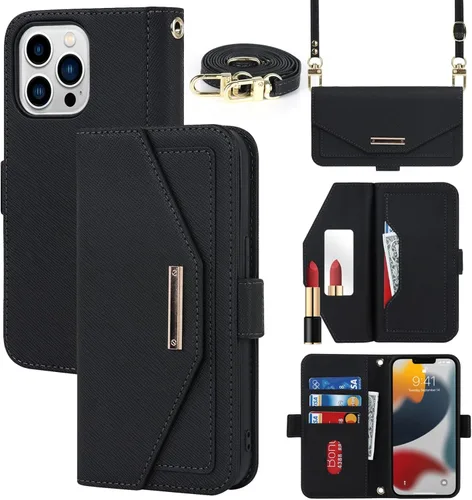 Funda tipo cartera cruzada para iPhone 13 Pro con correa de cordón ajustable, soporte para tarjetas de crédito de 6.1 pulgadas, bolso de piel