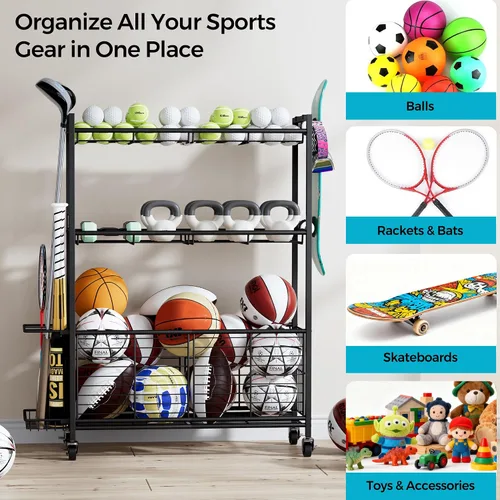 Miniatura 5 de Organizador grande de equipo deportivo de garaje con ruedas, estante de almacenamiento de pelotas de 3 niveles para baloncesto, pelotas de fútbol