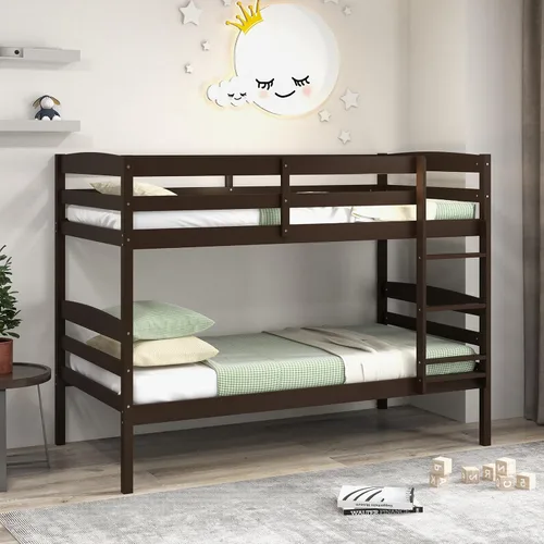 Miniatura 3 de KOMFOTT - Litera con tamaño doble sobre dos individuales, estructura de litera de madera con barandilla de longitud completa y escalera integrada
